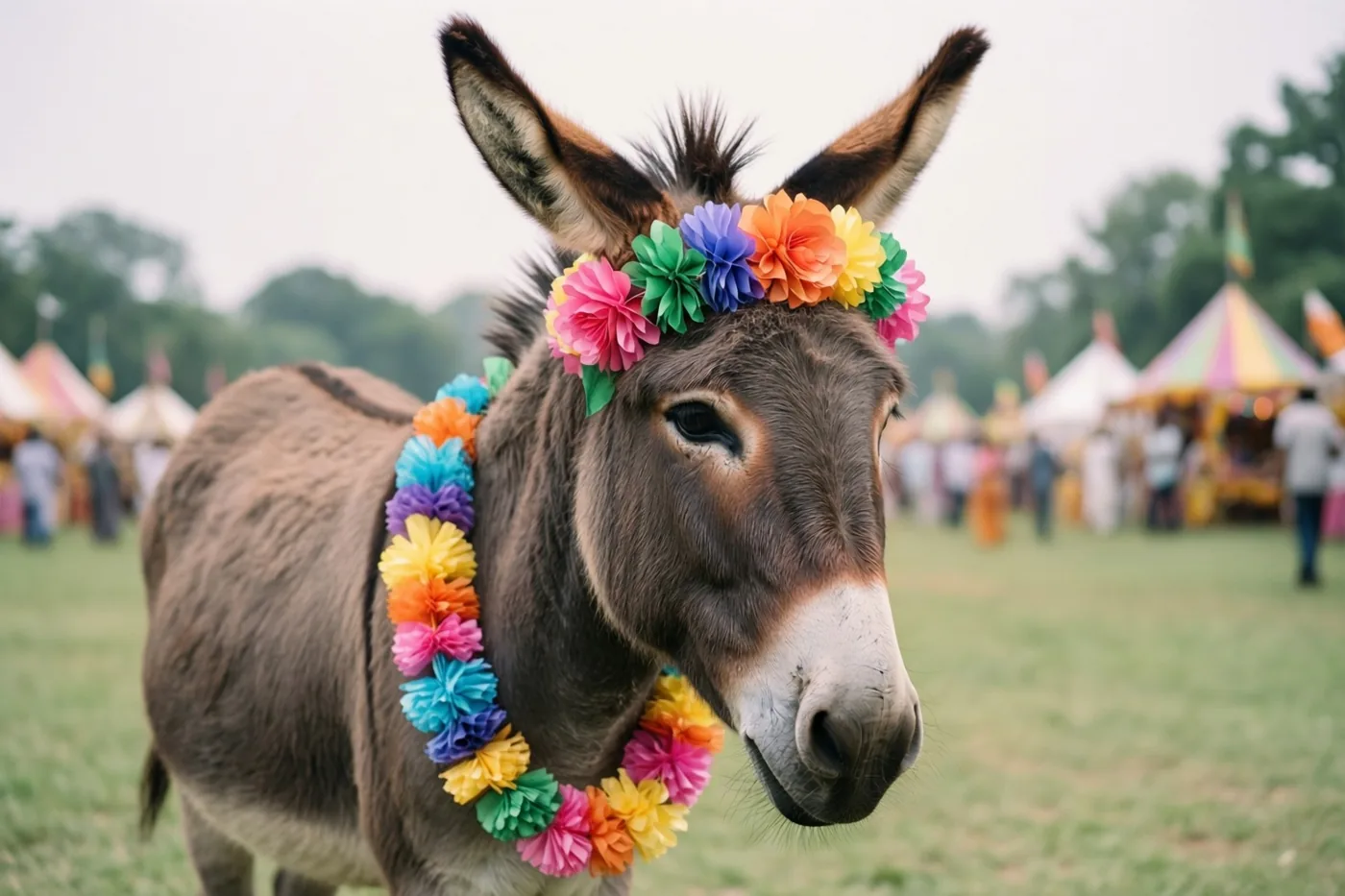 Een bruine ezel met een slinger van papieren bloemen in regenboogkleuren staat in het gras, met kleurrijke tenten en wazige mensen van een dorpscarnaval achter zich.
