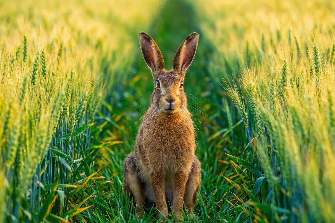Een bruine haas zit rechtop tussen groene en gele halmen jonge tarwe in warm goudkleurig zonlicht.