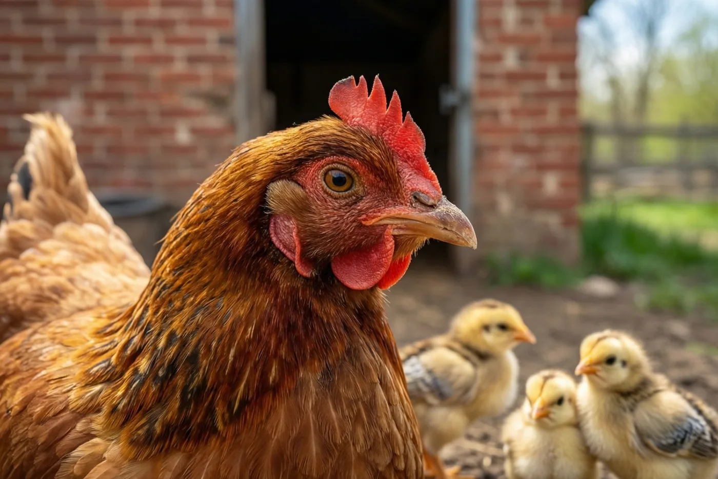 Een bruine hen met rode kam staat voor een bakstenen schuur met drie kleine kuikens vlakbij in fel lentezonlicht.