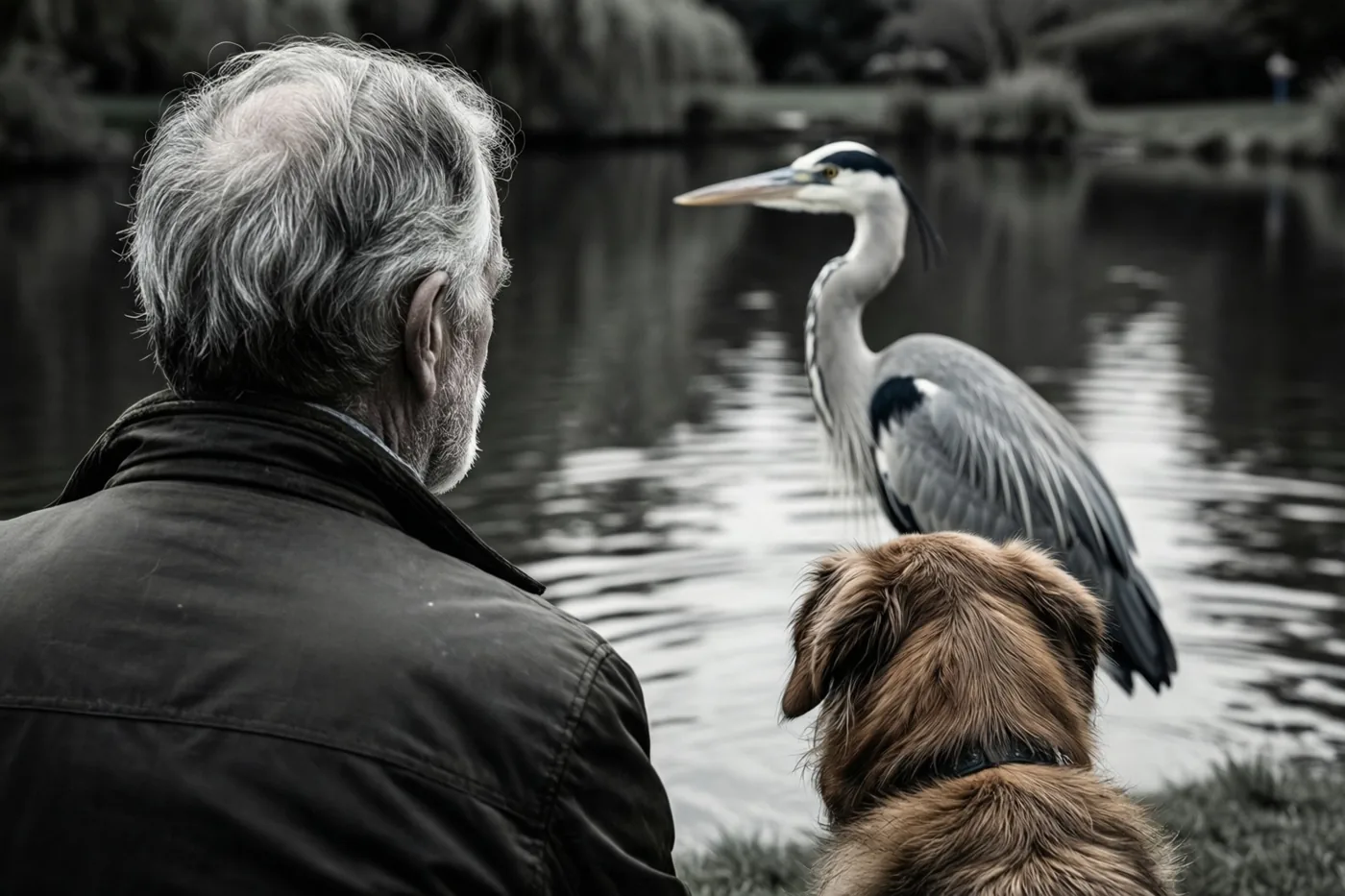 Een oudere man met grijs haar en zijn bruine hond zitten van achteren gezien bij een rustige vijver en kijken naar een grijze reiger in het water, in een grotendeels monochroom beeld met warmbruin in de hondenvacht.