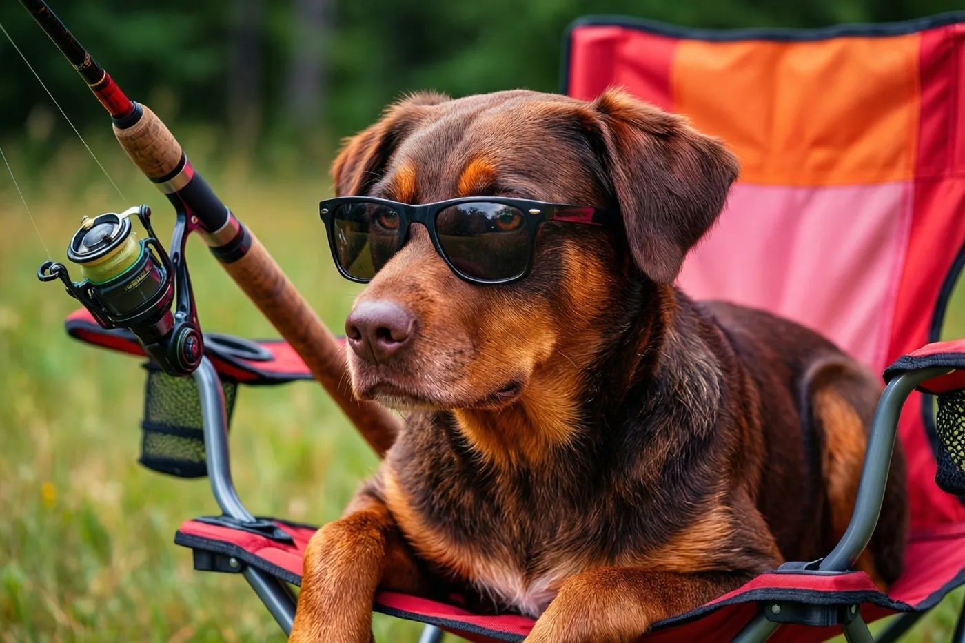 Een bruine hond met een zwarte zonnebril ligt buiten in een rode en oranje ligstoel op het gras, met een hengel tegen de stoel.