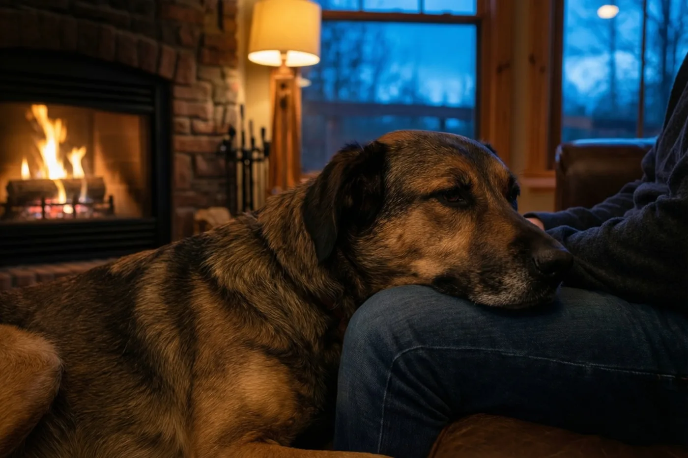 Een grote bruine hond rust met zijn kop op iemands knie in een woonkamer, bij een brandende haard, lamplicht en een blauw avondraam.