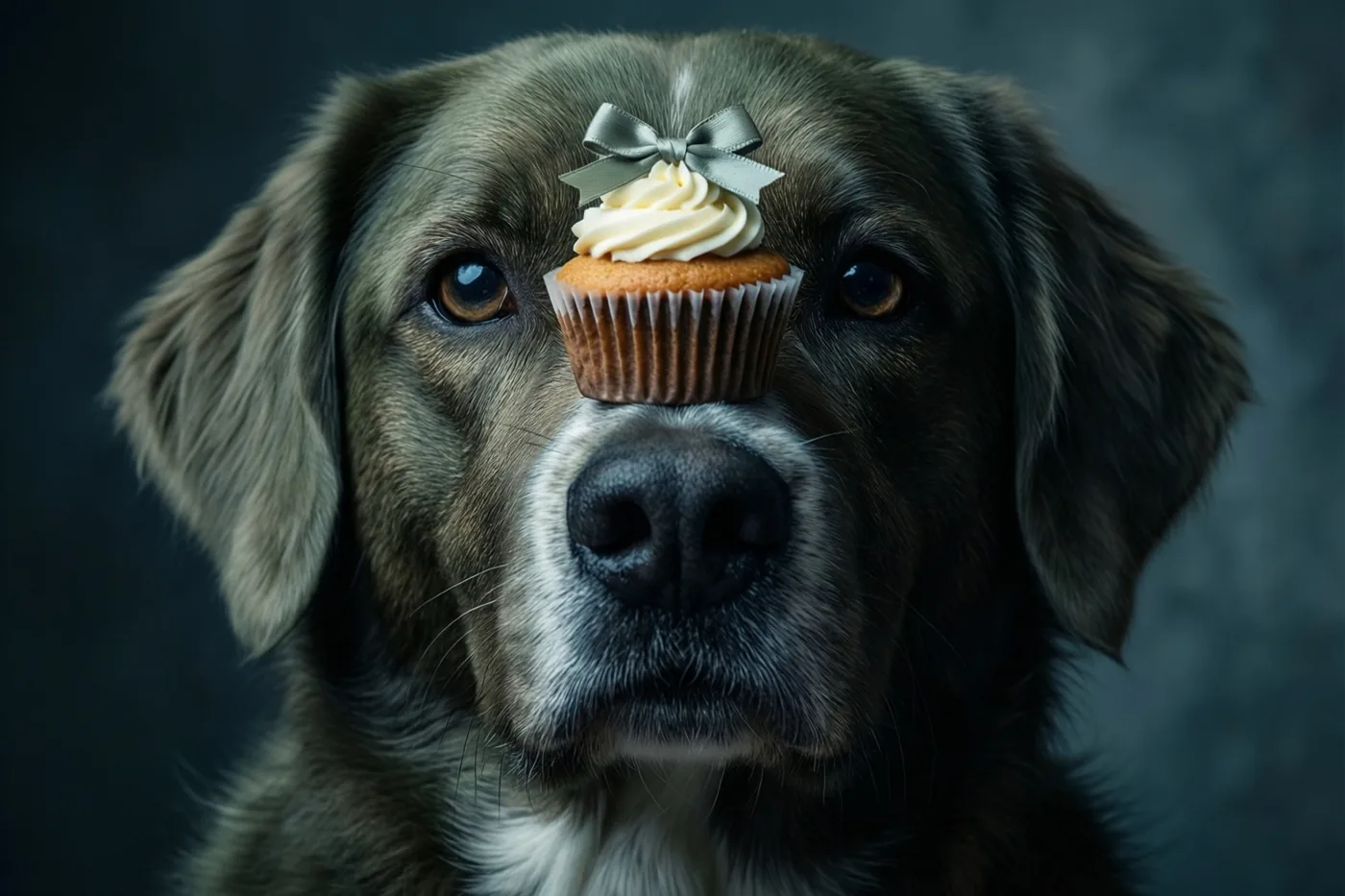 Een bruine hond is van dichtbij te zien met een cupcake met crème en een grijze strik op zijn neus, voor een donkergrijze achtergrond.