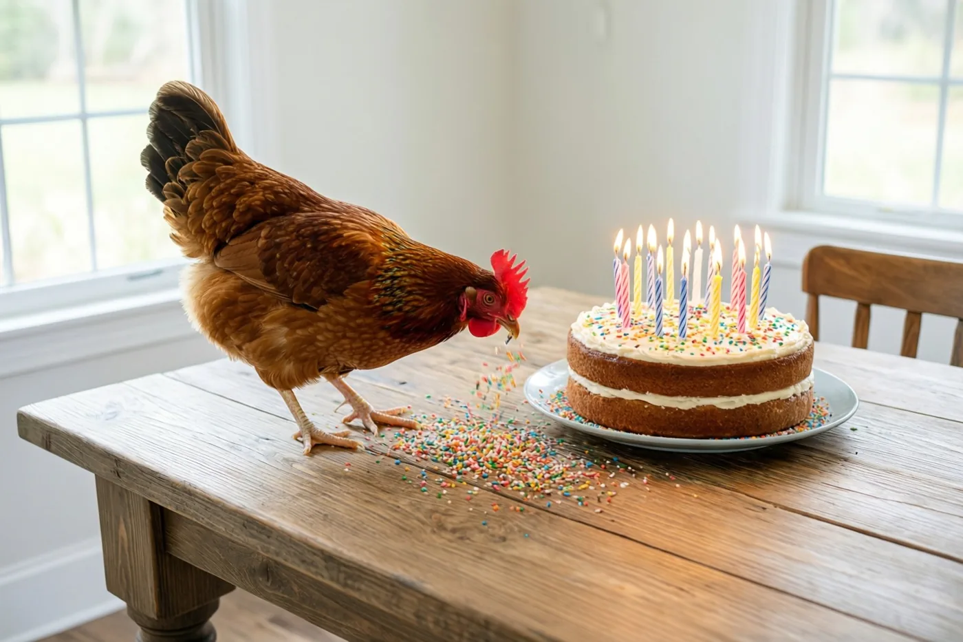Een bruine kip pikt naar kleurrijke suikerstrooisels op een houten boerderijtafel naast een verjaardagstaart van twee lagen met brandende kaarsjes, bij ramen met natuurlijk licht.
