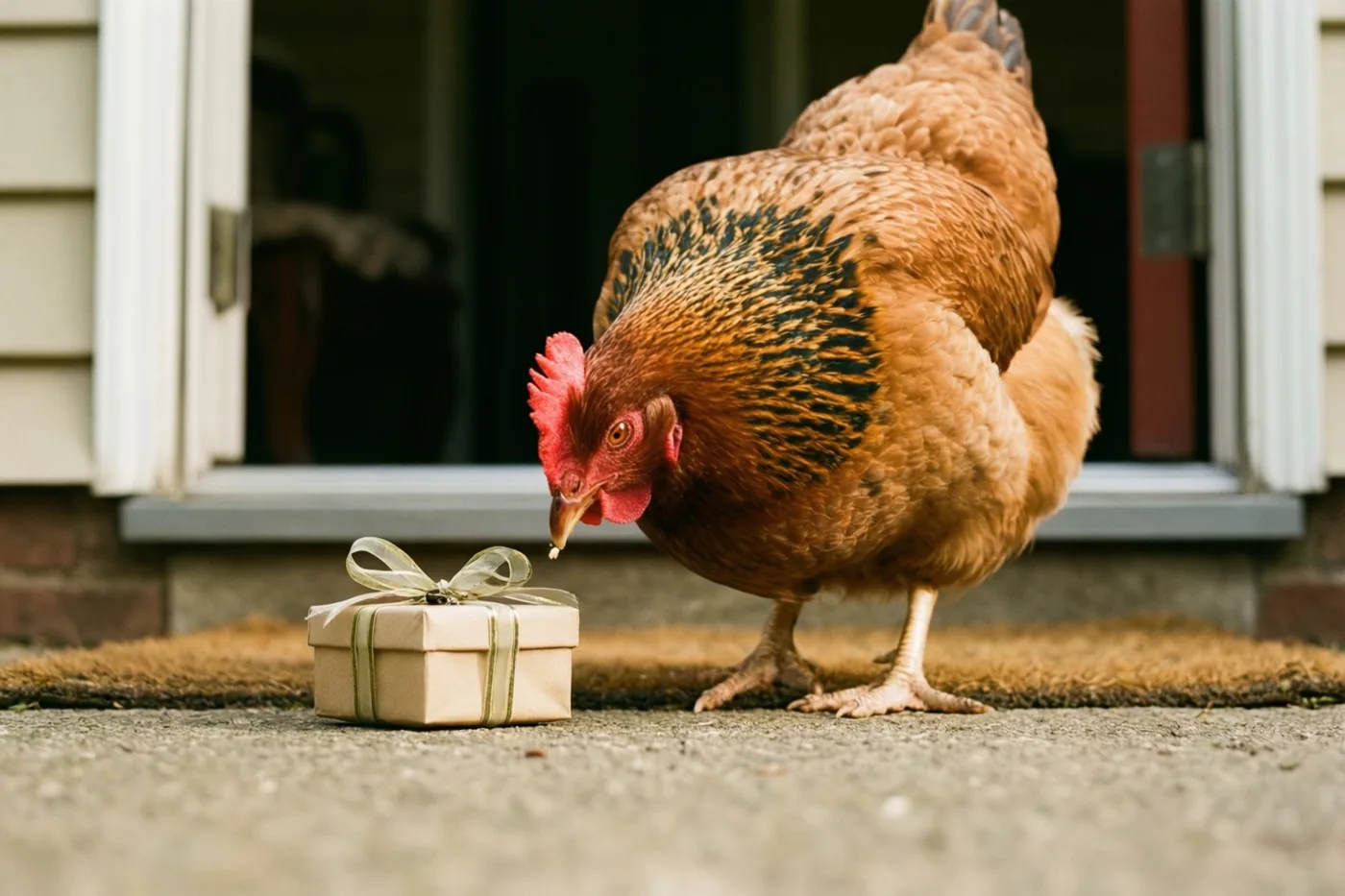 Een bruine kip met rode kam pikt aan een beige cadeaudoosje met lichtgroen lint op een drempel, met een deur en deurmat op de achtergrond.