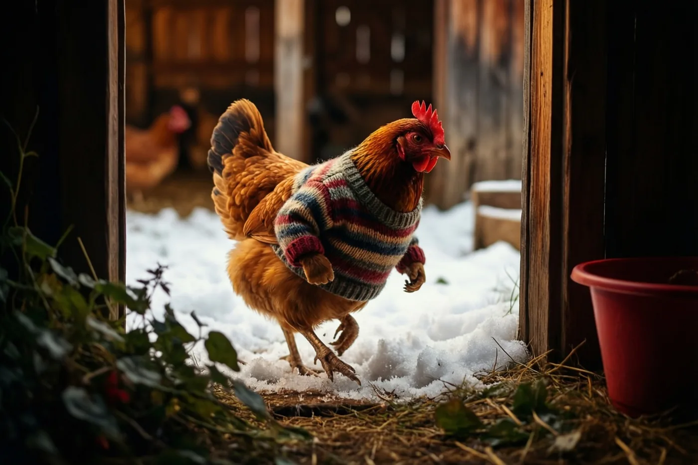 Een bruine kip met een gestreepte gebreide trui loopt door de sneeuw in een deuropening op een boerenerf in warm licht.