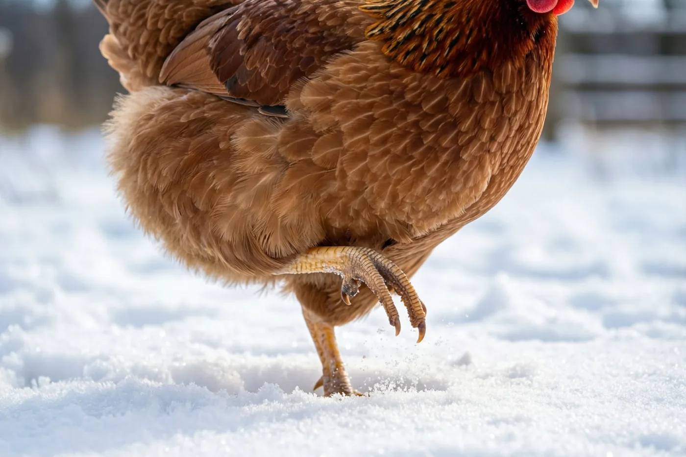 Een bruine kip met geeloranje poten stapt door verse sneeuw op een boerenerf en tilt één poot hoog op.