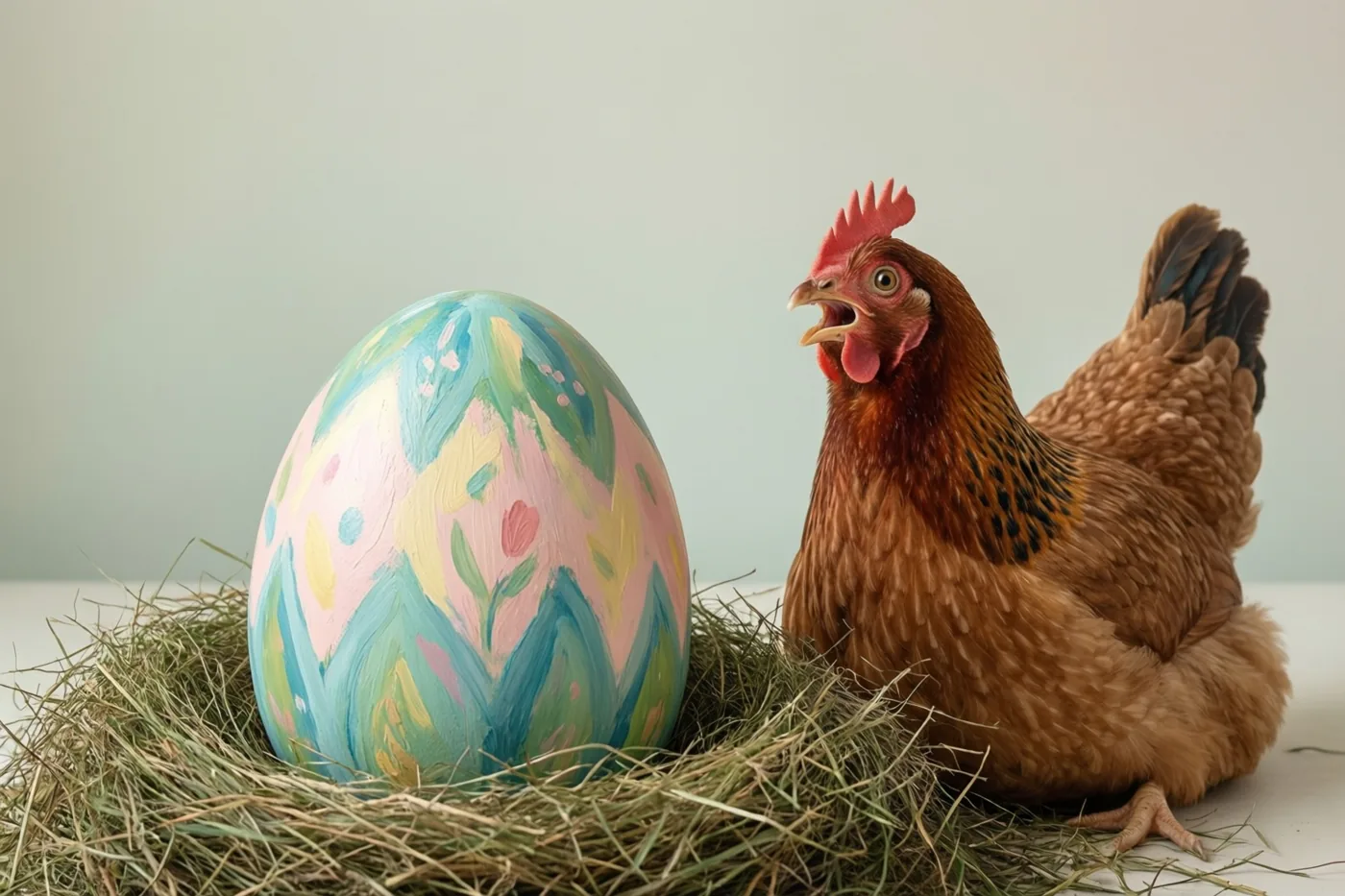 Een verbaasd kijkende bruine kip zit naast een groot, kleurrijk beschilderd paasei in een nest van stro tegen een effen lichte achtergrond.