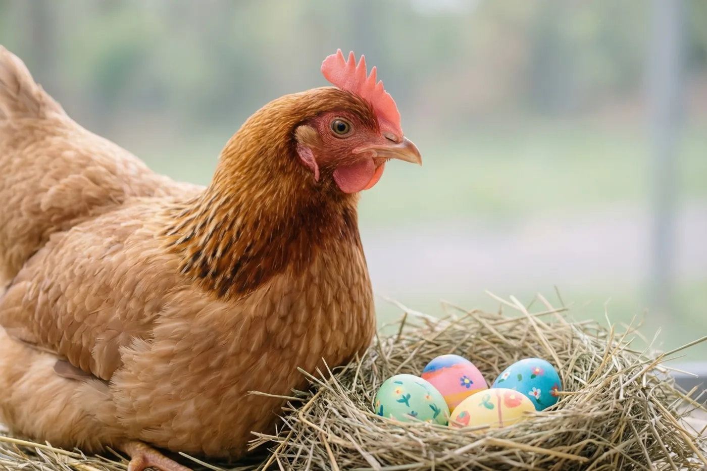 Een bruine kip zit buiten naast een strooien nest met vier beschilderde paaseieren tegen een wazige groene achtergrond.