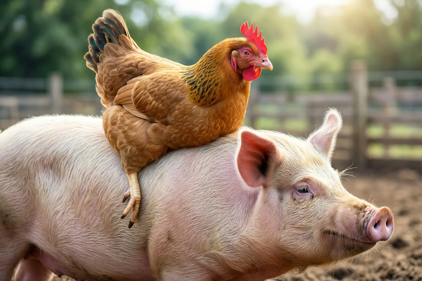 Een bruine kip met een rode kam zit op de rug van een roze varken op een zonnig boerenerf, met onscherp groen en een houten hek erachter.