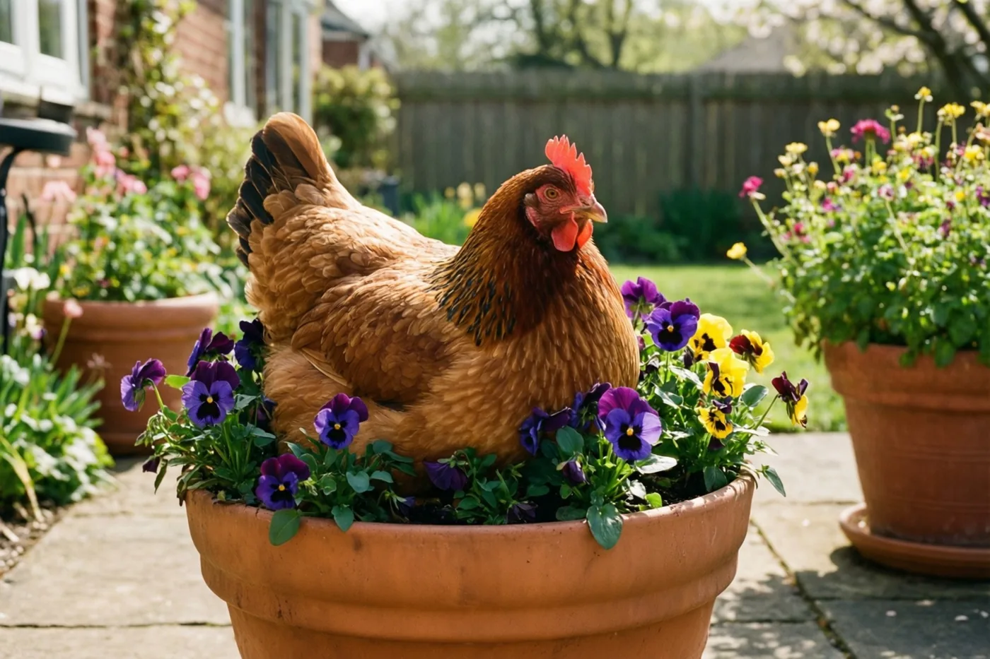 Een dikke bruine hen zit in een grote terracotta bloempot met paarse en gele viooltjes op een stenen terras in fel zonlicht.