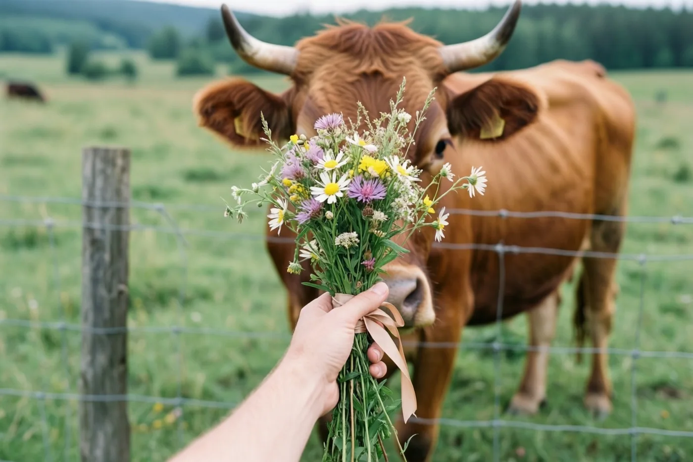 Een hand reikt wilde bloemen met een lint aan een bruine koe achter een draadafsluiting in een groene weide, met glooiende heuvels op de achtergrond.