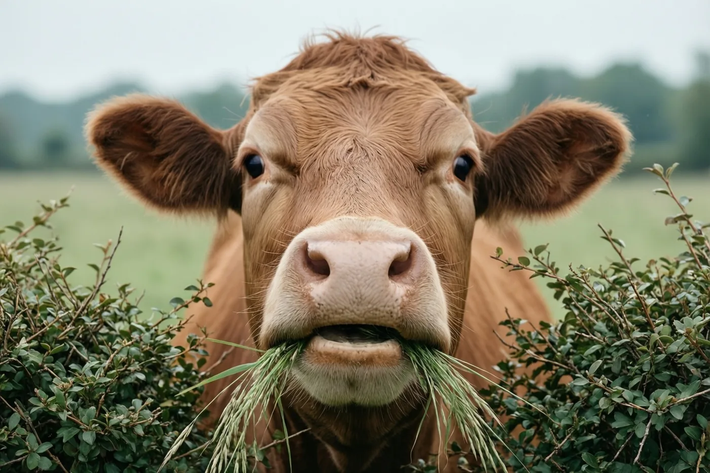 Een bruine koe kijkt door een groene haag in een veld, met gras dat uit haar bek hangt.