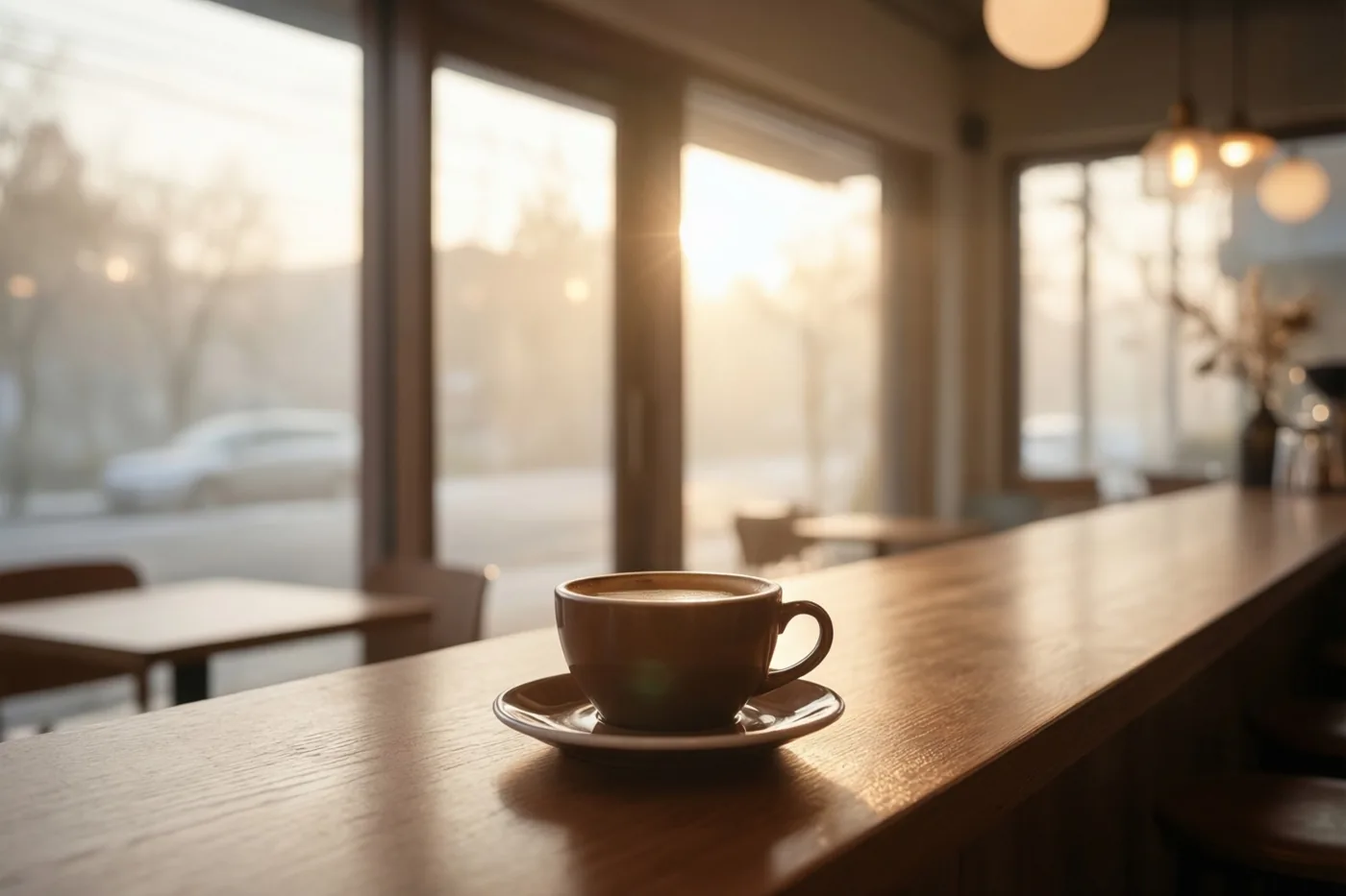 Een bruine keramieken koffiekop staat op een houten cafétoog in goudkleurig ochtendlicht dat door grote ramen valt.