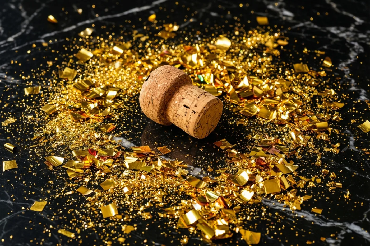 Een bruine champagnekurk ligt tussen gouden confetti op gepolijst zwart marmer.