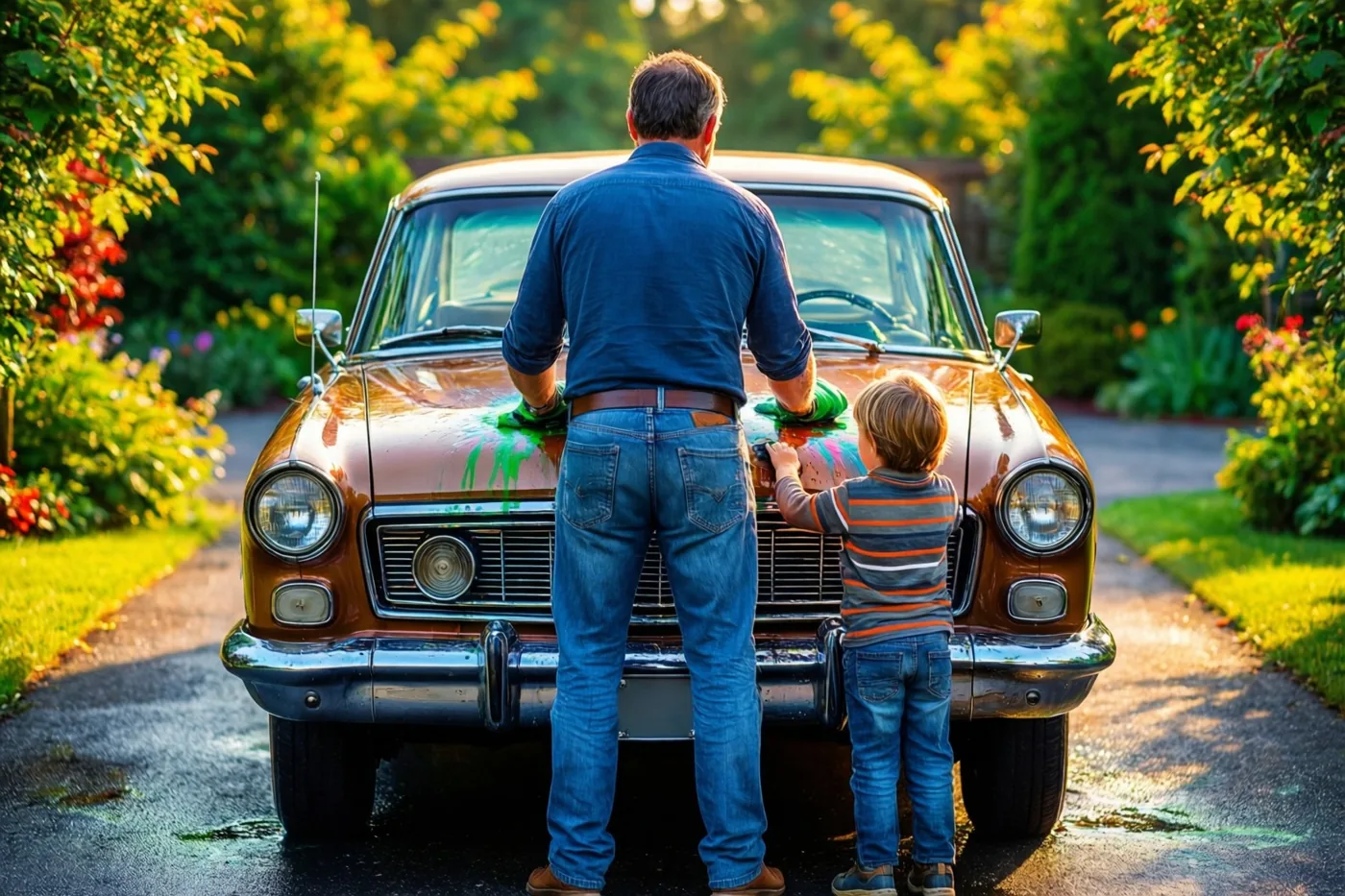 Een vader en jong kind poetsen van achteren gezien samen een bruine oldtimer op een zonnige oprit tussen het groen.