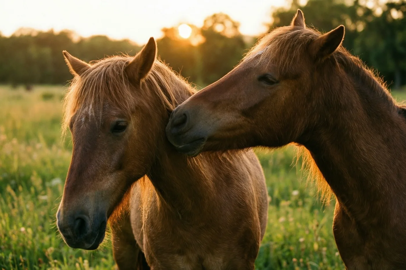 Twee bruine paarden staan in een grasweide, waar het ene de hals van het andere liefkoost met zijn snuit in het gouden licht van de ondergaande zon.