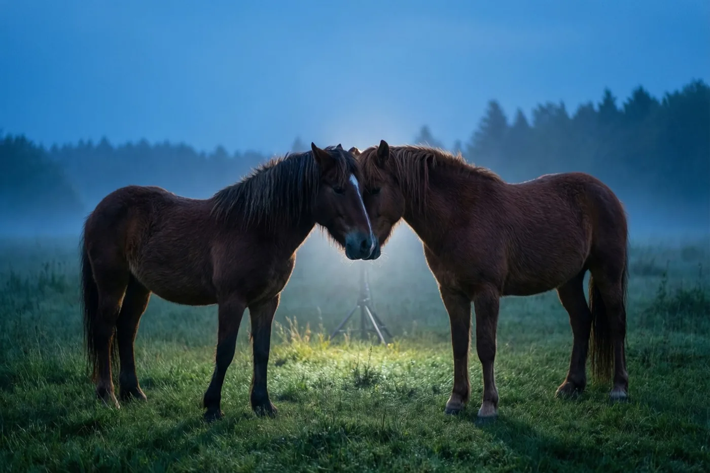 Twee bruine paarden staan met hun hoofden bij elkaar in een mistige weide bij schemerlicht, in koele blauwe en groene tinten.