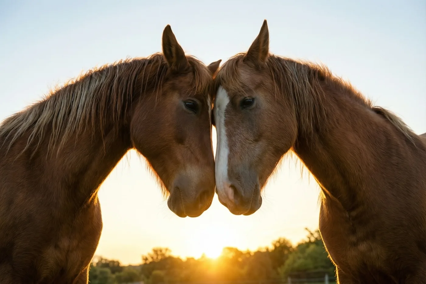 Twee bruine paarden raken elkaars voorhoofd en vormen met hun halzen een hart tegen een zonsondergang in goudgele en zachtblauwe tinten.