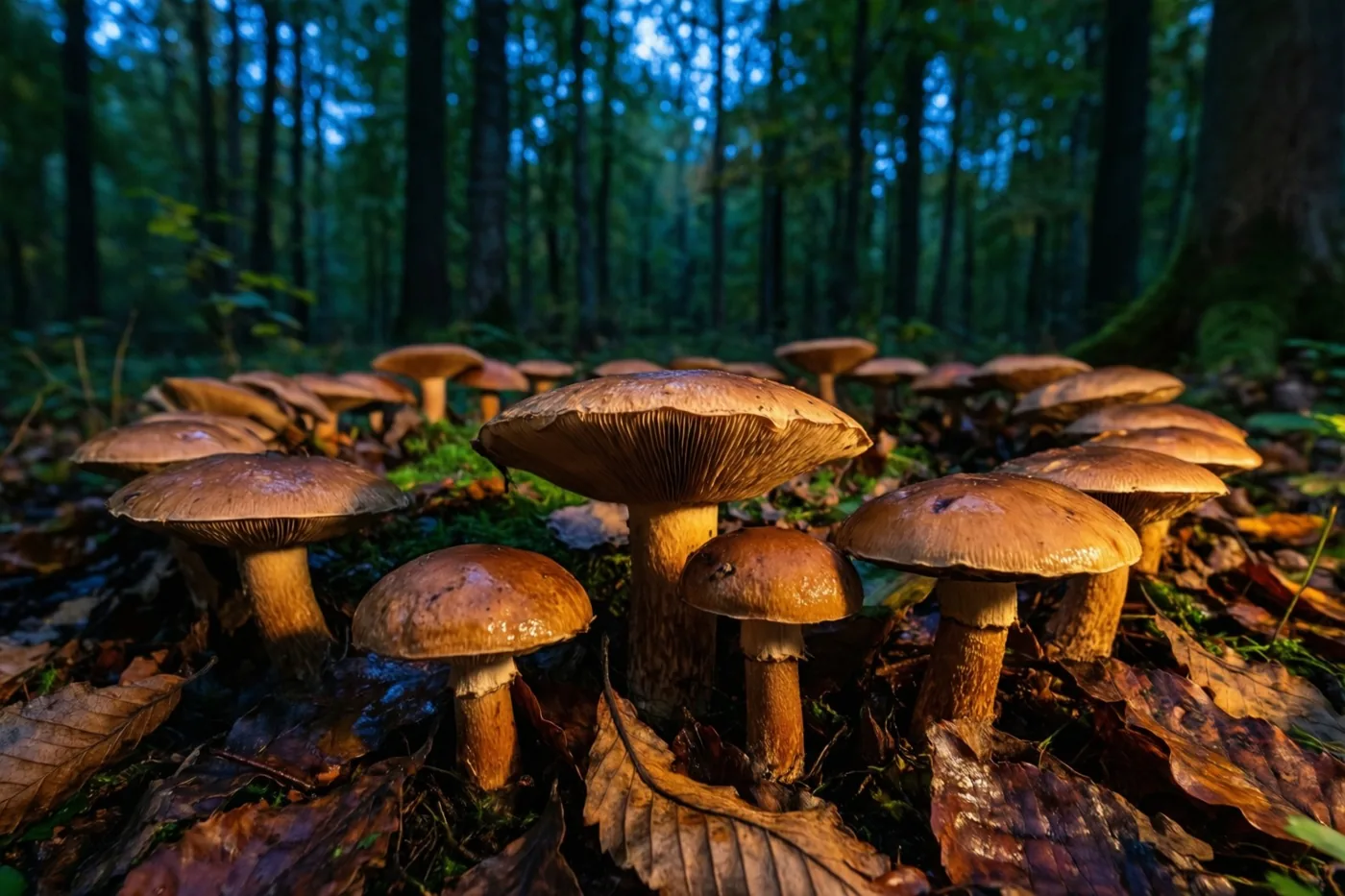 Een groep bruine paddenstoelen groeit op een open plek in het bos tussen gevallen herfstbladeren, in koele blauwe en warme bruine tinten.