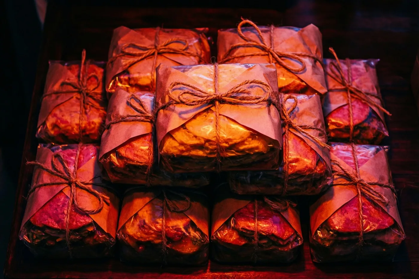 Een stapel voedselpakketjes in bruin papier met touw ligt op donker hout in warm roodachtig oranje licht.
