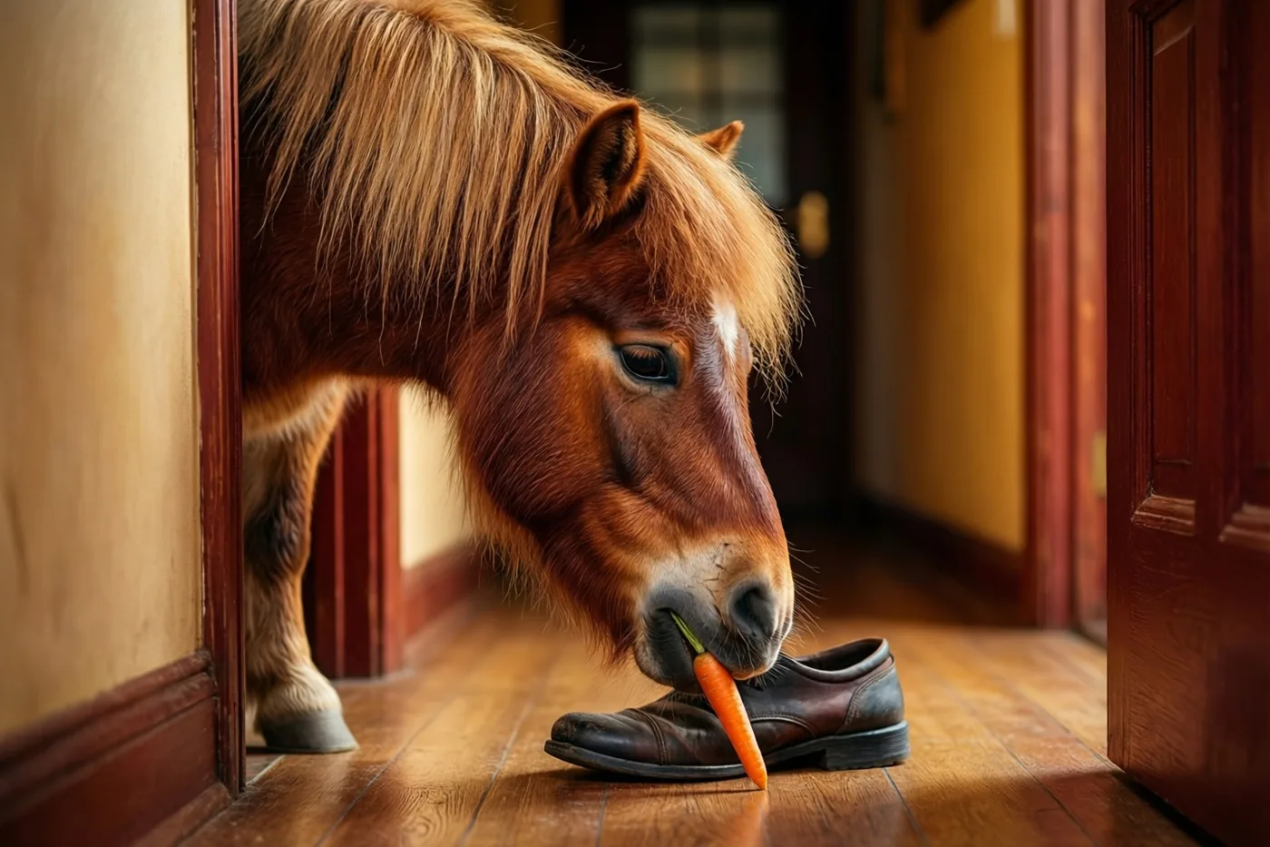 Een kleine bruine pony met warrige manen steekt zijn hoofd door een houten deuropening en buigt naar een wortel in een donkerbruine schoen op de houten vloer.