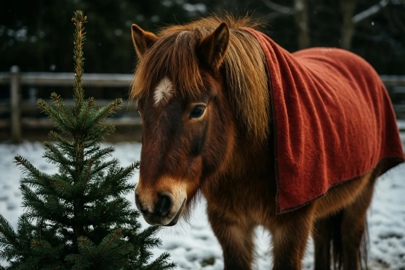 Een bruine pony met een rode deken staat in een besneeuwde paddock naast een kleine spar in een winters landschap met gedempte kleuren.