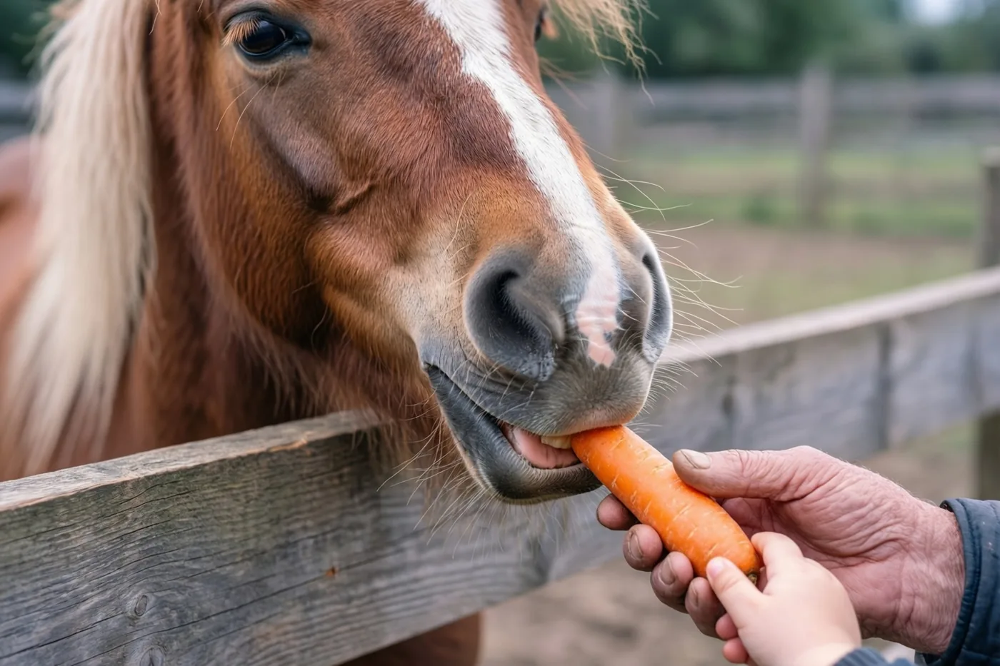 Een bruine pony met een witte bles knabbelt bij een verweerd houten hek aan een wortel die een gerimpelde en een kleine hand vasthouden, in zacht licht en aardetinten.
