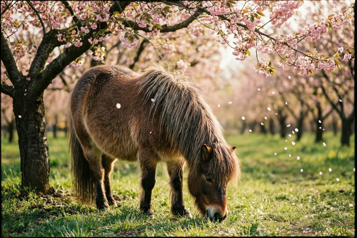 Een ruige bruine pony graast op groen gras onder een volop bloeiende kersenboom, met roze bloemblaadjes in zacht zonlicht.