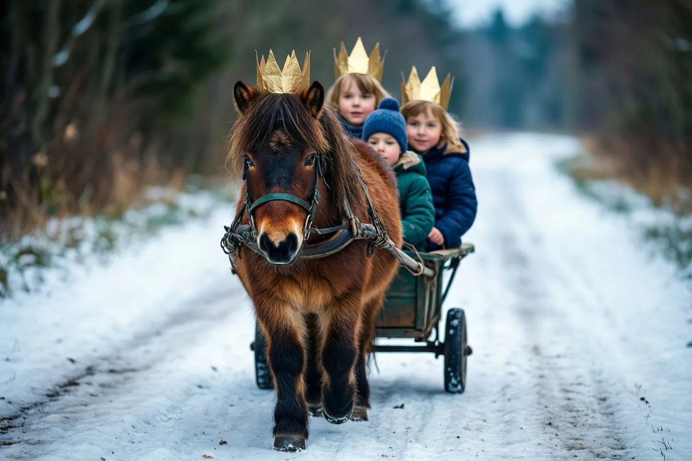 Een bruine pony trekt een kleine kar met drie kinderen met papieren kronen over een besneeuwd pad in een winterlandschap met gedempte kleuren.