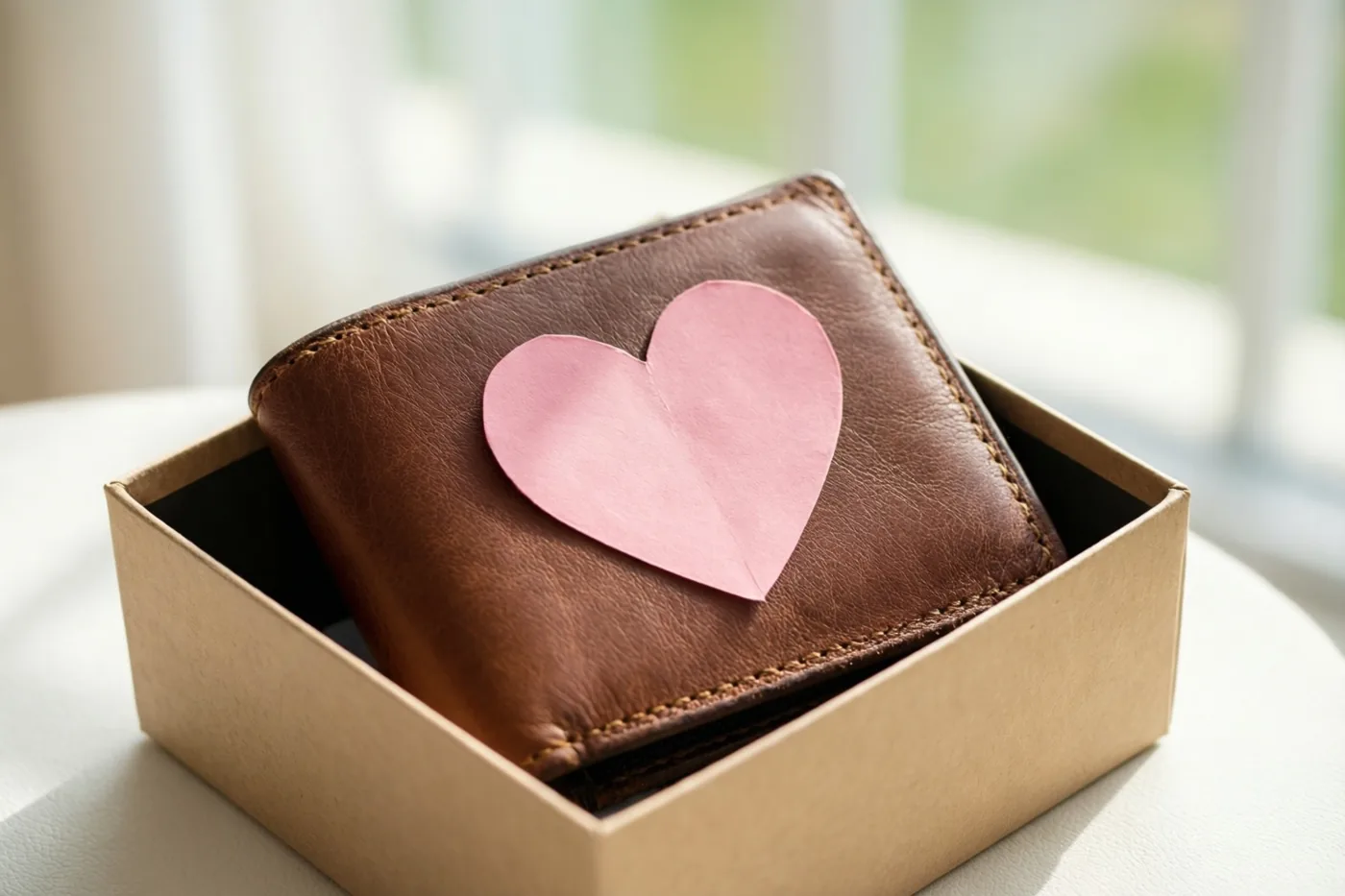 Een bruine leren portefeuille met een roze papieren hart ligt in een lichtbruine geschenkdoos op een witte ondergrond, met zacht licht van een raam op de achtergrond.