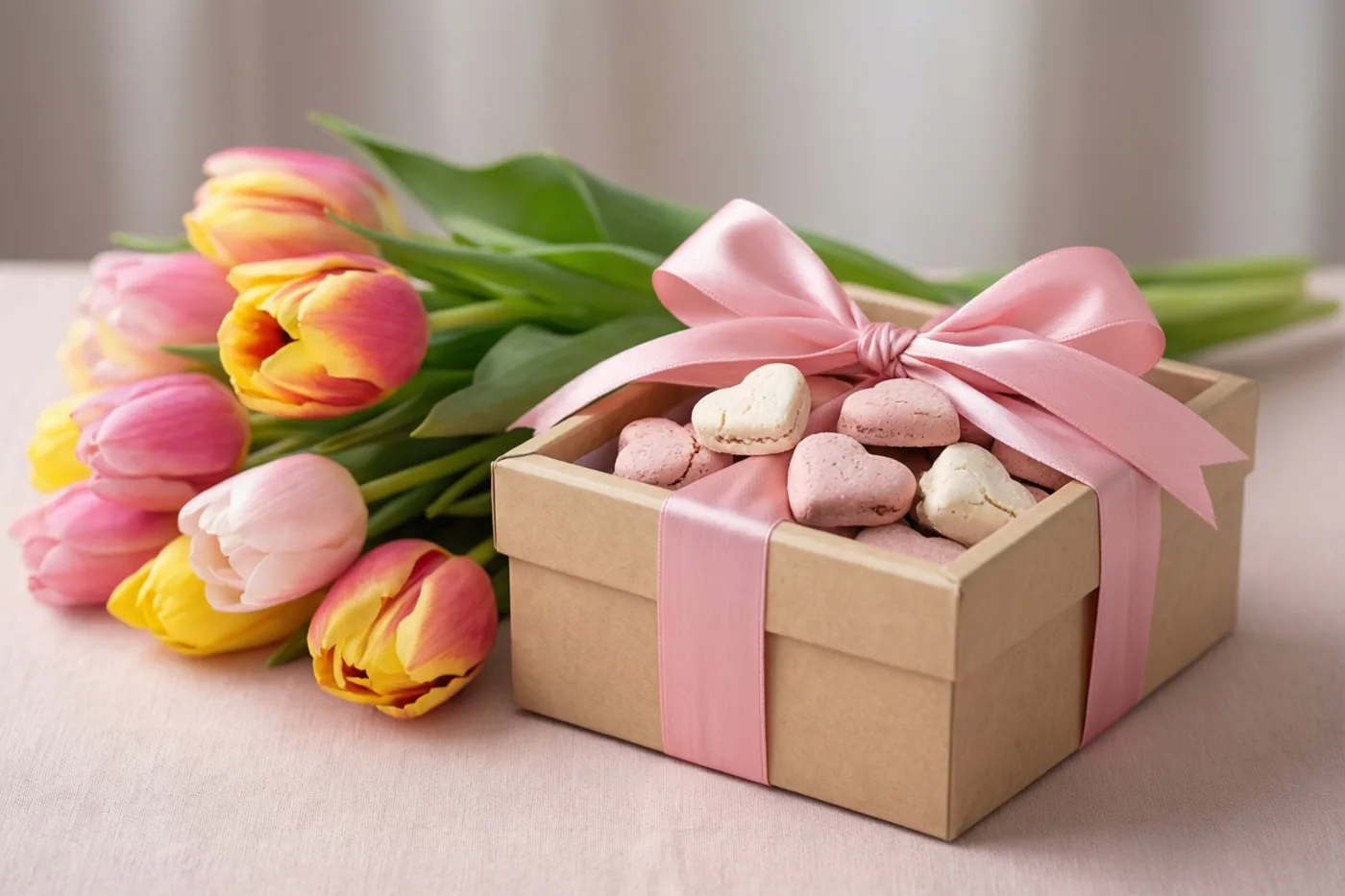Een bruine geschenkdoos met hartvormige pralines en een roze lint staat naast roze en gele tulpen op een lichtroze oppervlak.