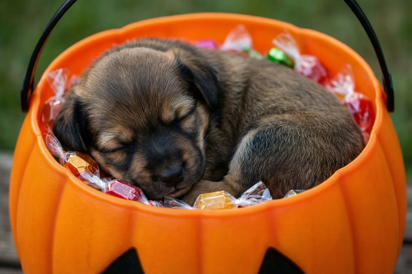 Een kleine bruine puppy slaapt opgerold in een oranje pompoenvormige emmer met verpakte snoepjes, buiten tegen een wazige groene achtergrond.