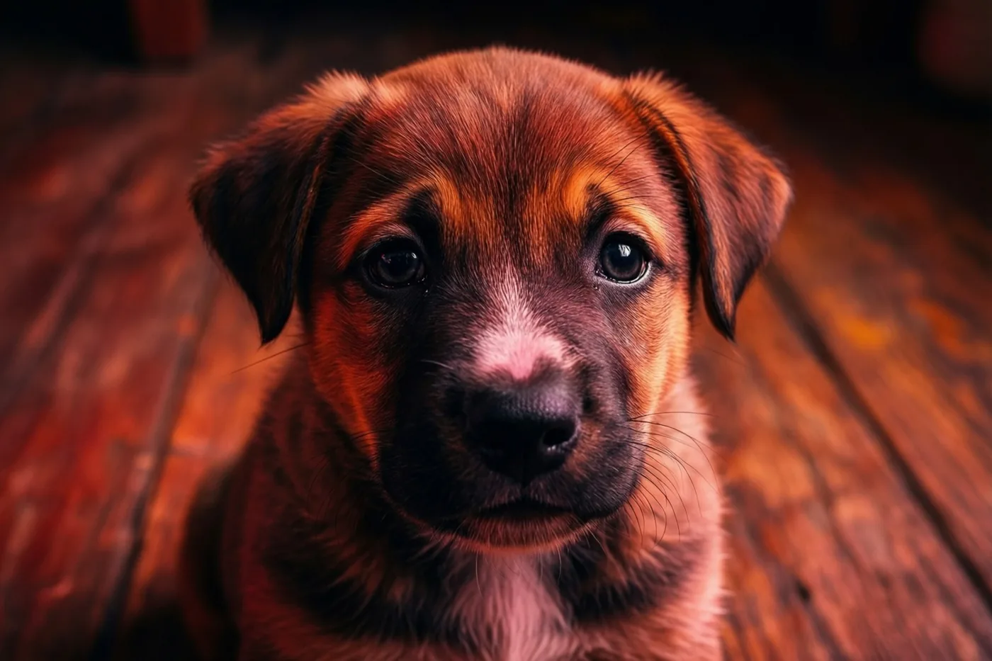 Een bruine puppy met droevige ogen zit op een houten vloer en kijkt omhoog, omringd door warme bruine en donkere tinten.