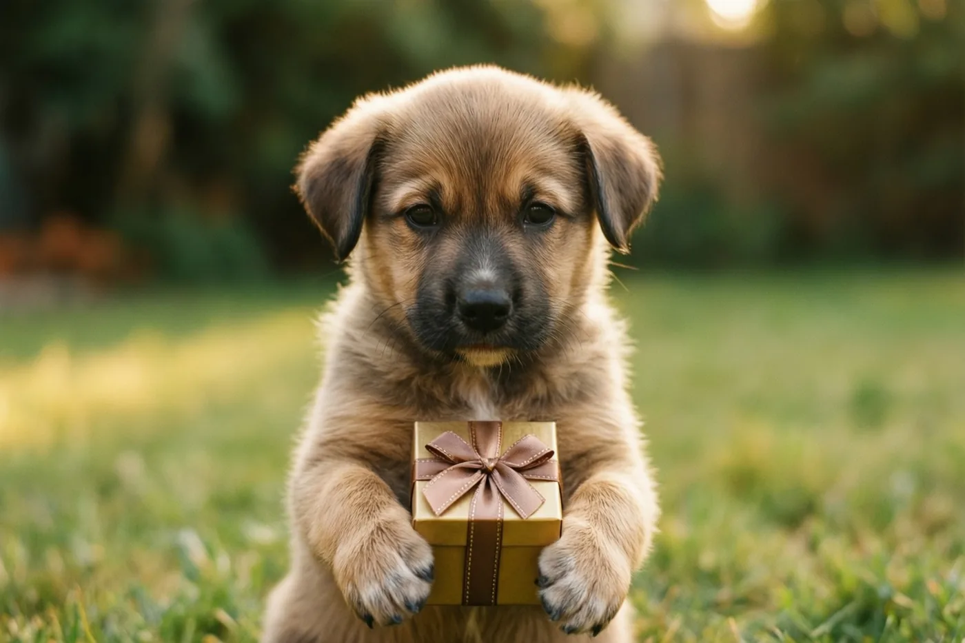 Een kleine bruine puppy zit in het groene gras met een goudkleurig cadeaudoosje met bruine strik tussen de pootjes.