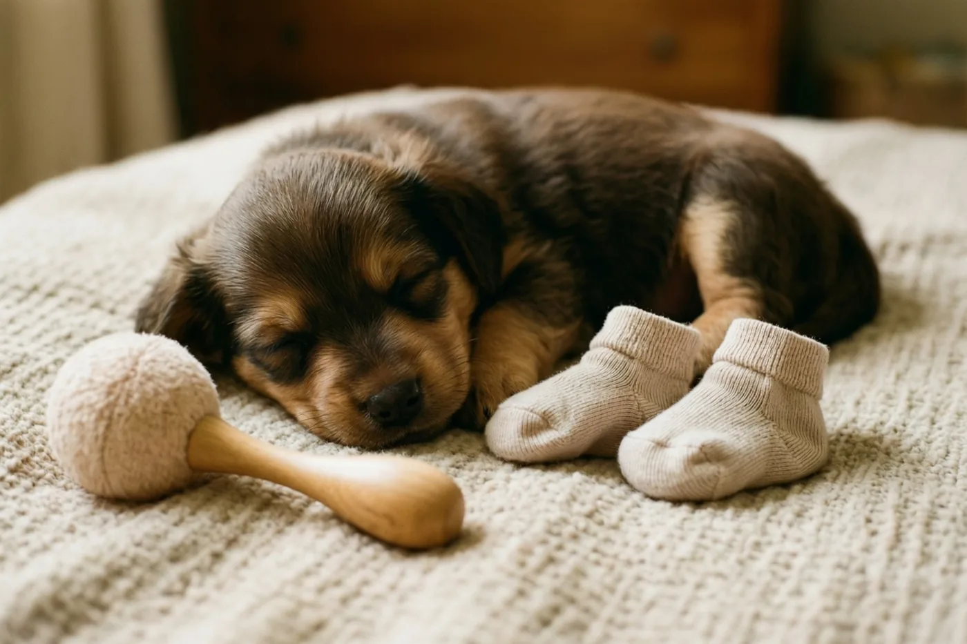 Een kleine bruine puppy slaapt op een beige deken met structuur naast babysokjes en een houten rammelaar.