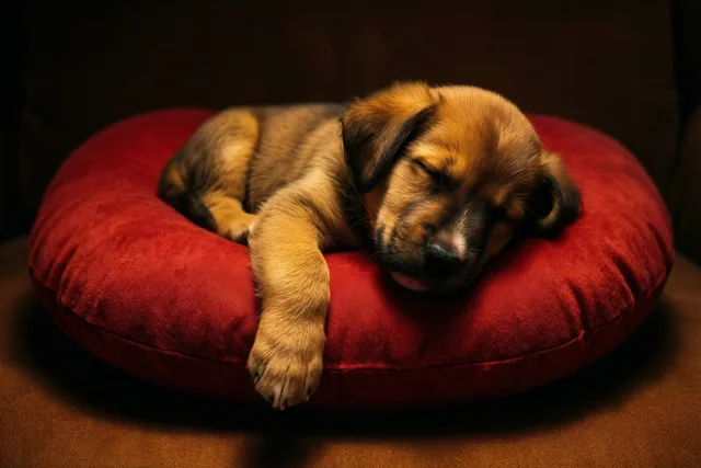 Een kleine bruine puppy slaapt op een rond rood kussen tegen een donkere achtergrond in warm licht.
