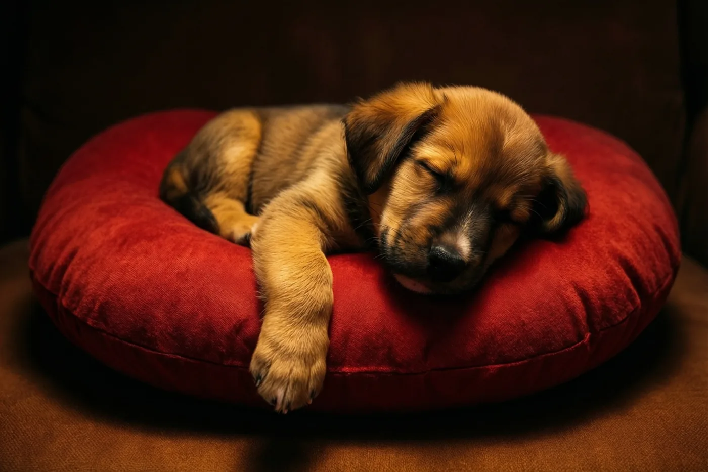Een kleine bruine puppy slaapt op een rond rood kussen tegen een donkere achtergrond in warm licht.