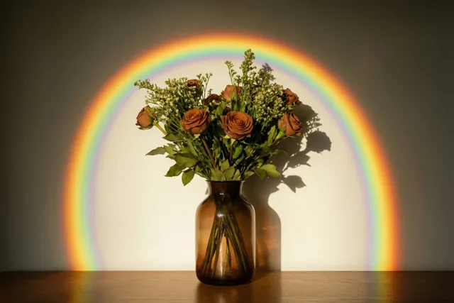 Een bruine glazen vaas met bruine rozen en groen staat op een houten oppervlak, met een regenboog op de witte muur erachter.