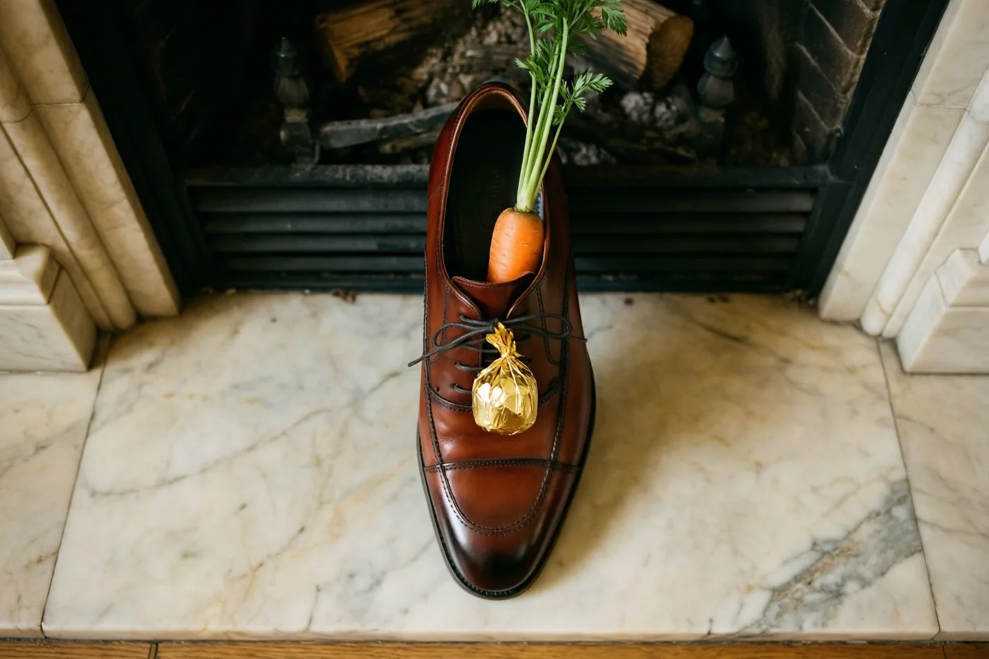 Een gepoetste bruine leren schoen met een hele wortel en een praline in goudfolie erin staat op de witte marmeren haardplaat van een klassieke haard met donkere houtblokken.