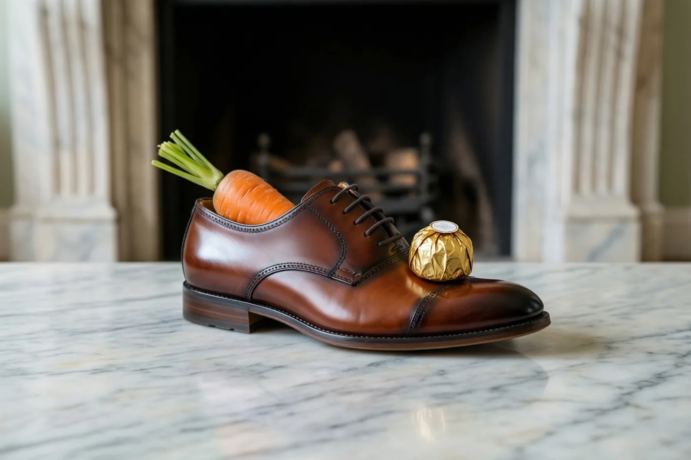 Een gepoetste bruine leren schoen met een wortel erin en een praline in goudfolie op de neus staat op marmer, met een marmeren haard en houtblokken op de achtergrond.