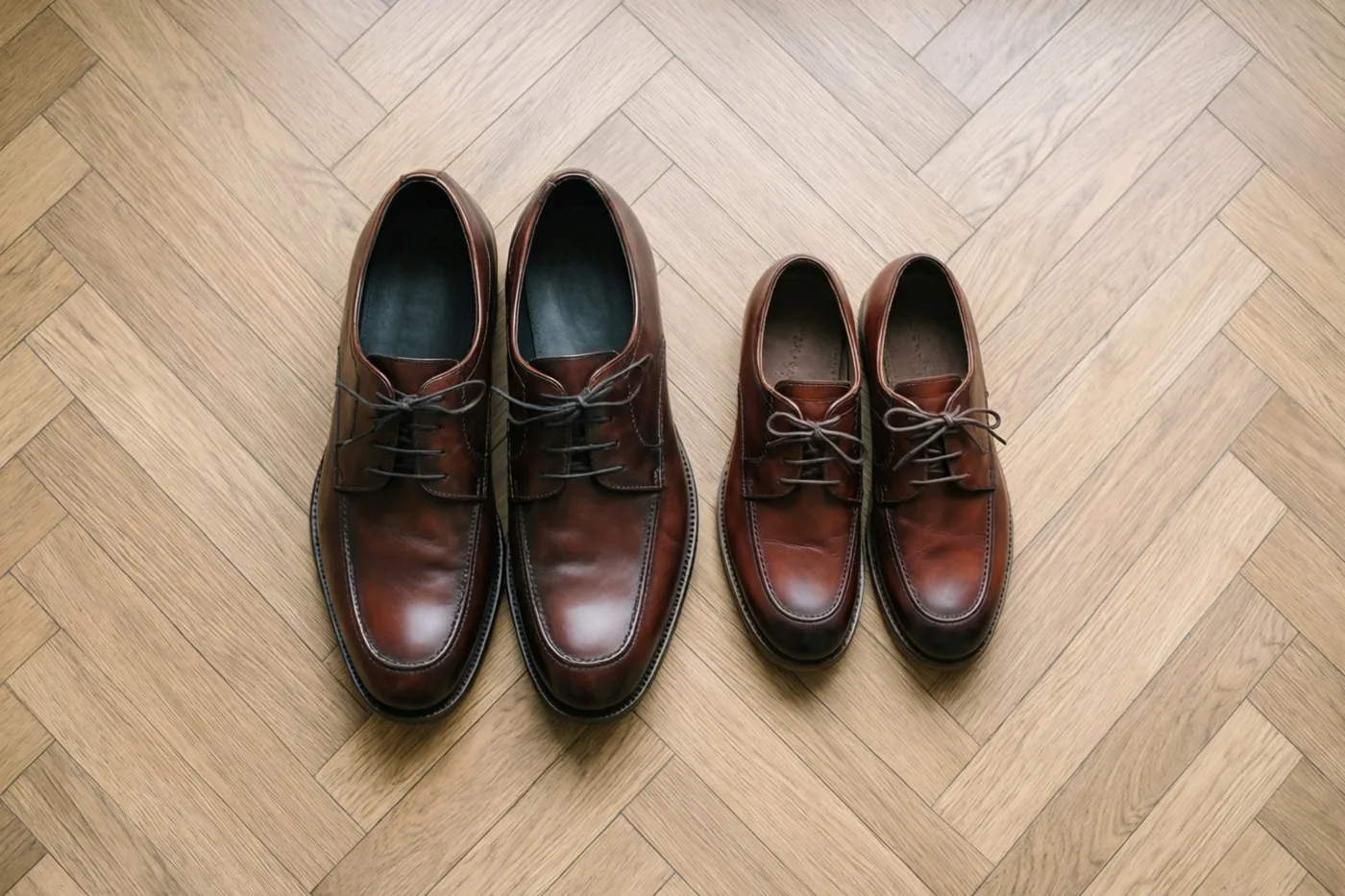 Twee paar gepoetste bruine leren geklede schoenen staan naast elkaar op een lichte houten visgraatvloer.