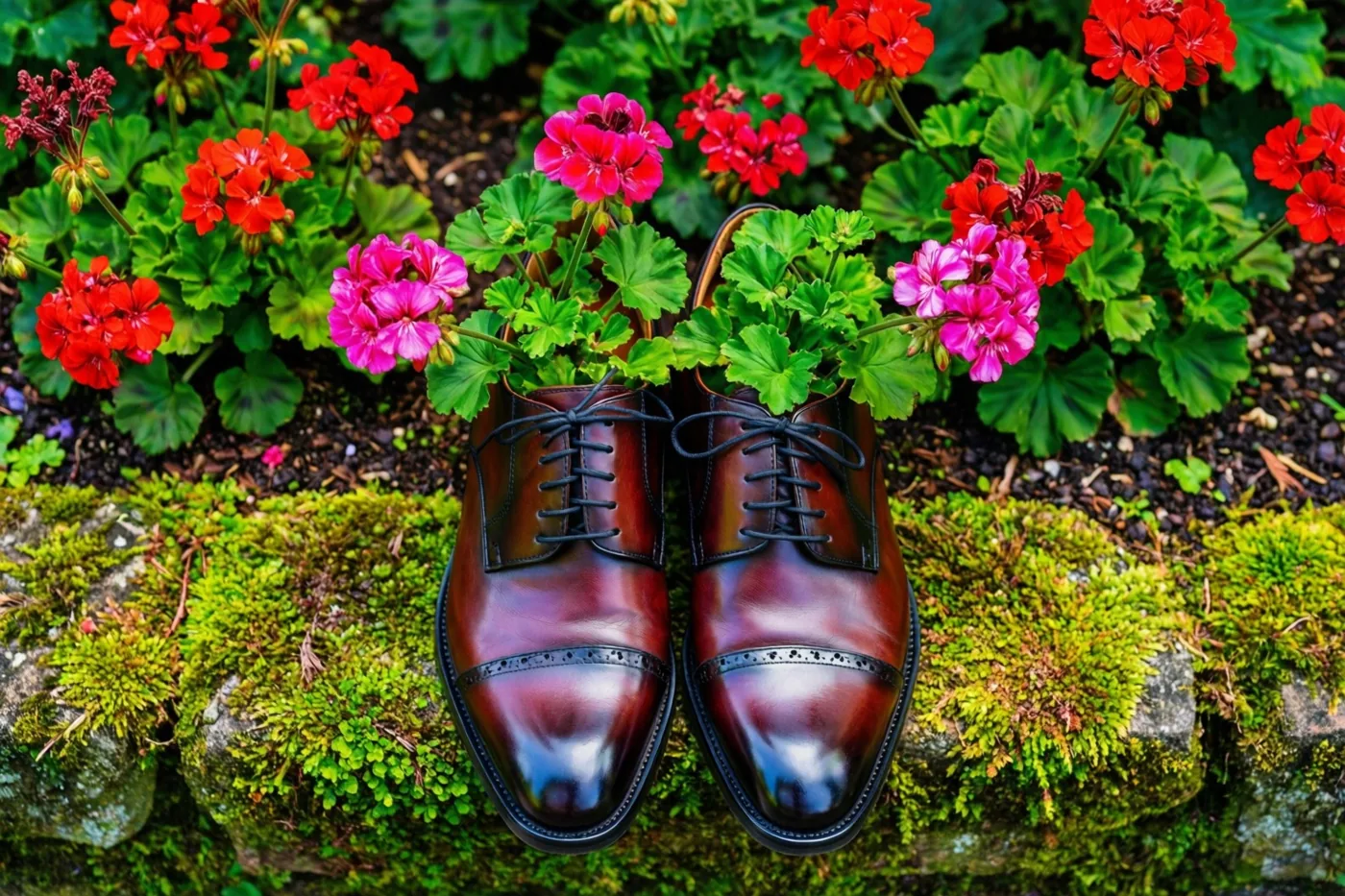 Een paar opgepoetste bruine geklede schoenen met rode en roze geraniums staat op een bemoste tuinmuur tussen groen gebladerte.