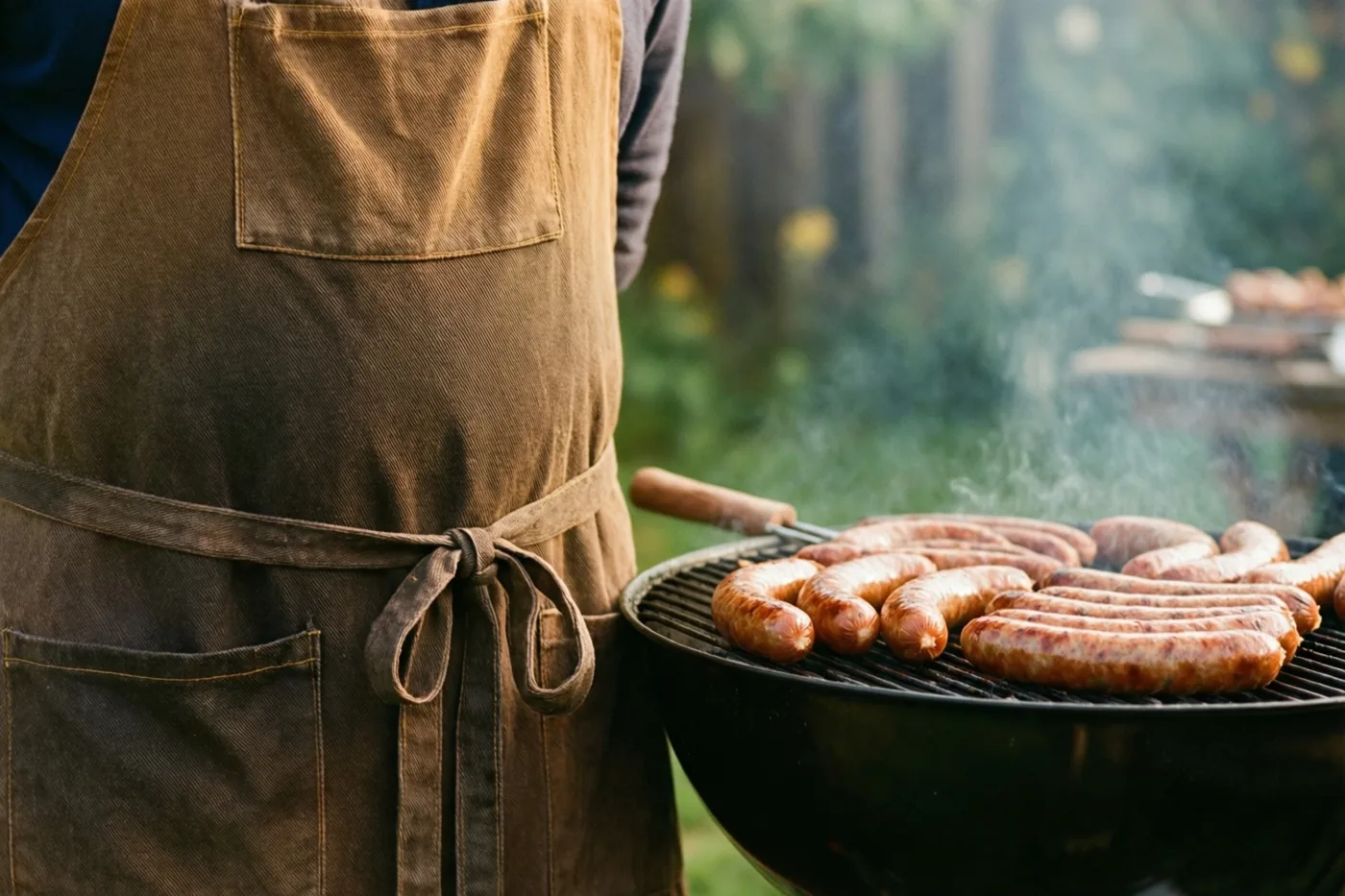 Een persoon met een bruine schort staat naast een barbecue vol worsten waar rook uit opstijgt, in een tuin met een wazige achtergrond.