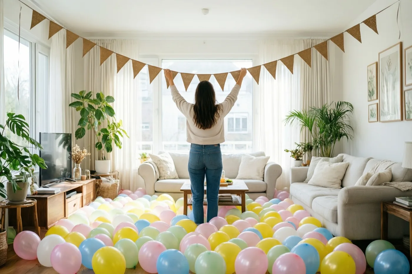 Iemand hangt, van achteren gezien, een bruine slinger op in een lichte moderne woonkamer met planten en kleurrijke ballonnen op de vloer.