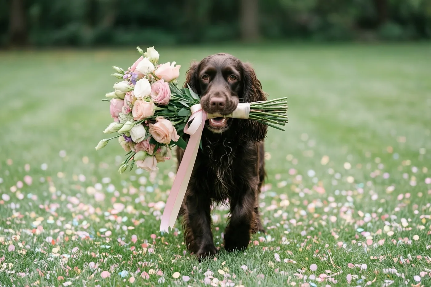 Een bruine spaniel loopt over een groen gazon met kleurrijke confetti en draagt een boeket roze en witte bloemen met een roze lint in zijn bek.