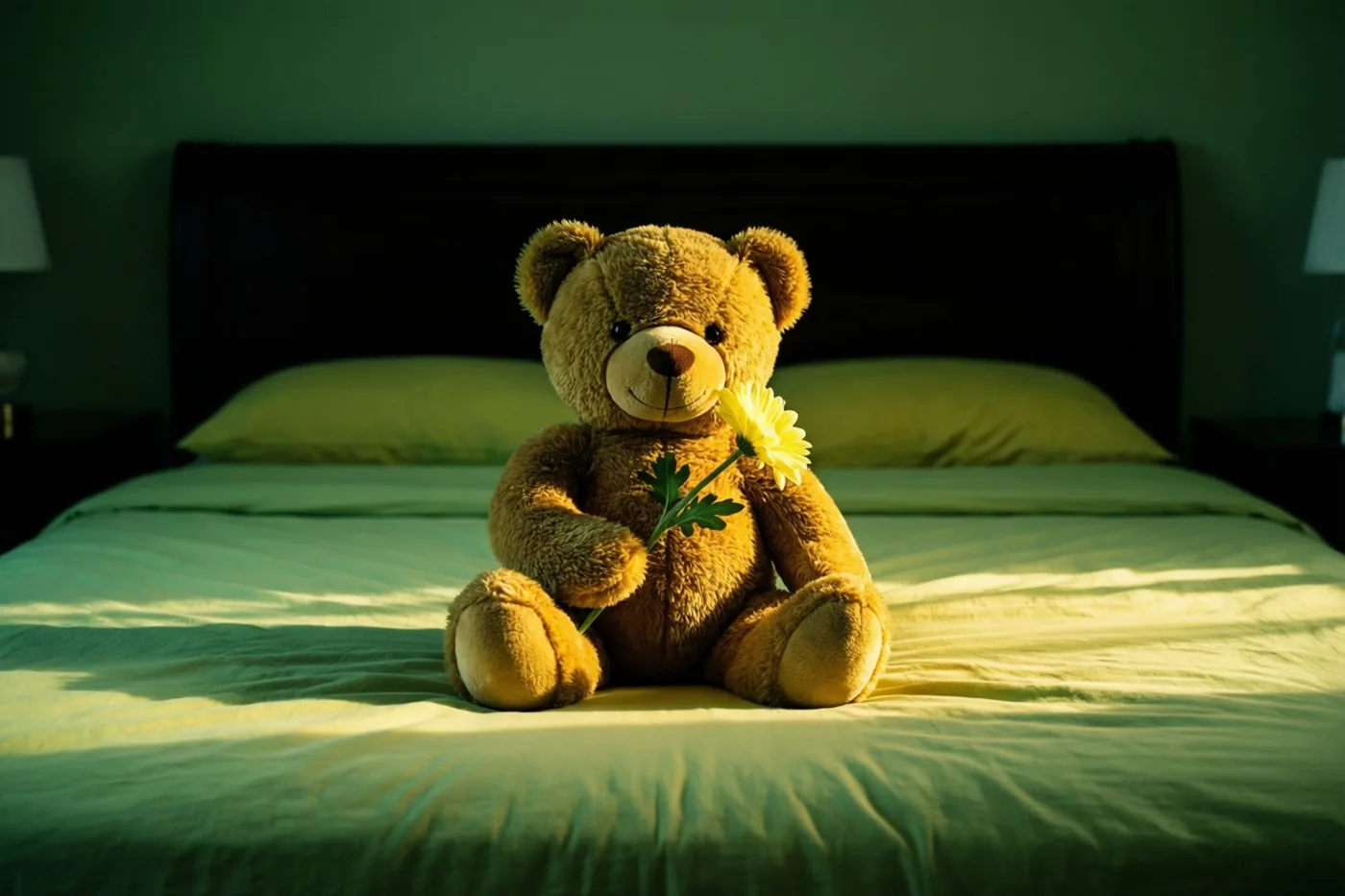 Een bruine teddybeer met een gele bloem zit rechtop op een opgemaakt bed, voor een donkergroene muur en een donker houten hoofdbord in goudkleurig licht.
