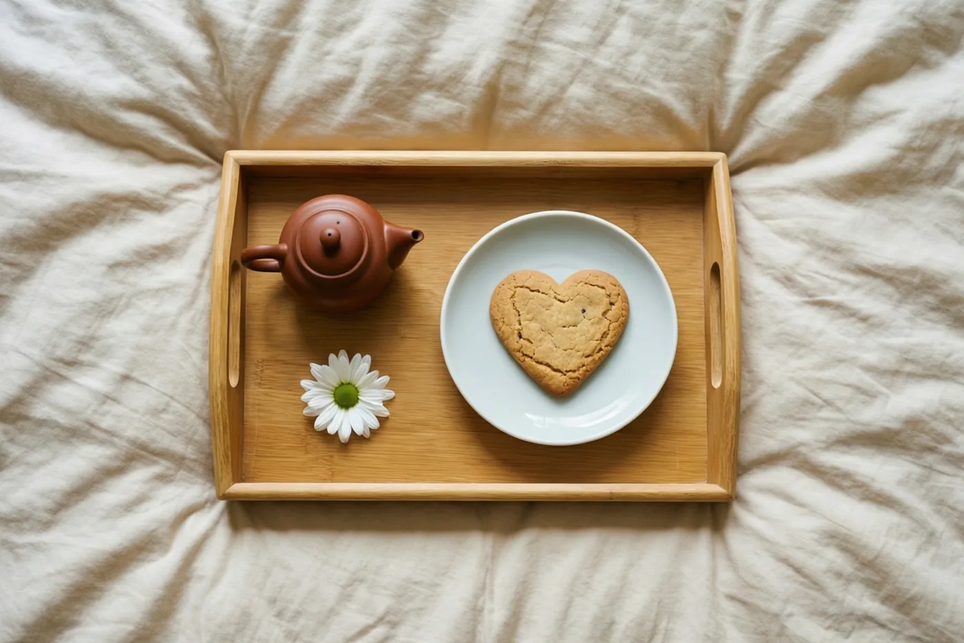 Een houten dienblad met een bruine theepot, een hartvormig koekje op een wit bord en een witte margriet staat op een gekreukt beige dekbed.