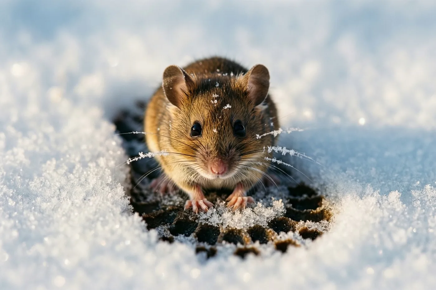 Een kleine bruine veldmuis met ijskristallen op zijn snorharen zit in een laarsafdruk in verse sneeuw onder helder licht.