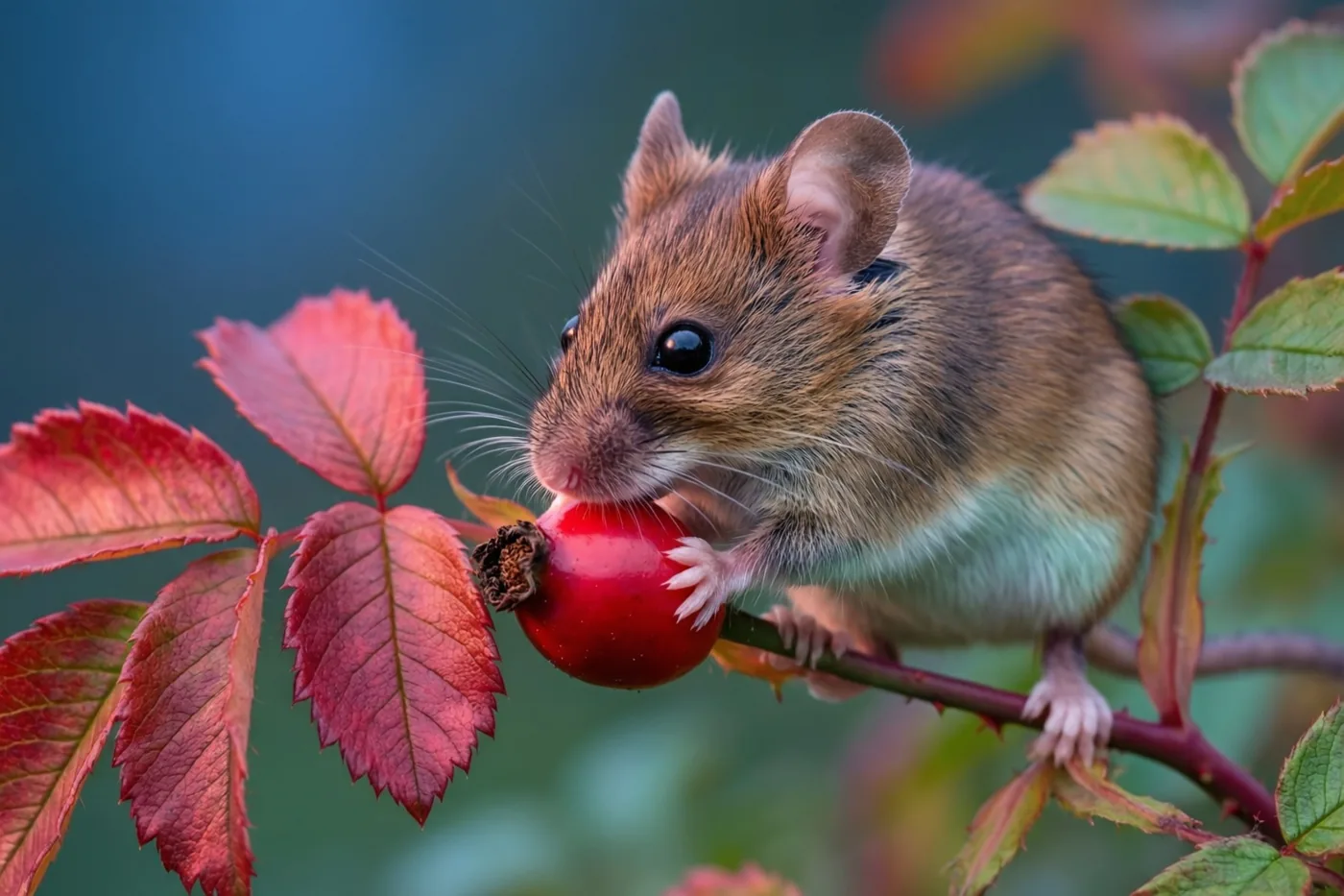 Een kleine bruine veldmuis knabbelt aan een felrode rozenbottel op een doornige braamtak, tegen een wazige achtergrond van rode en groene herfstbladeren.